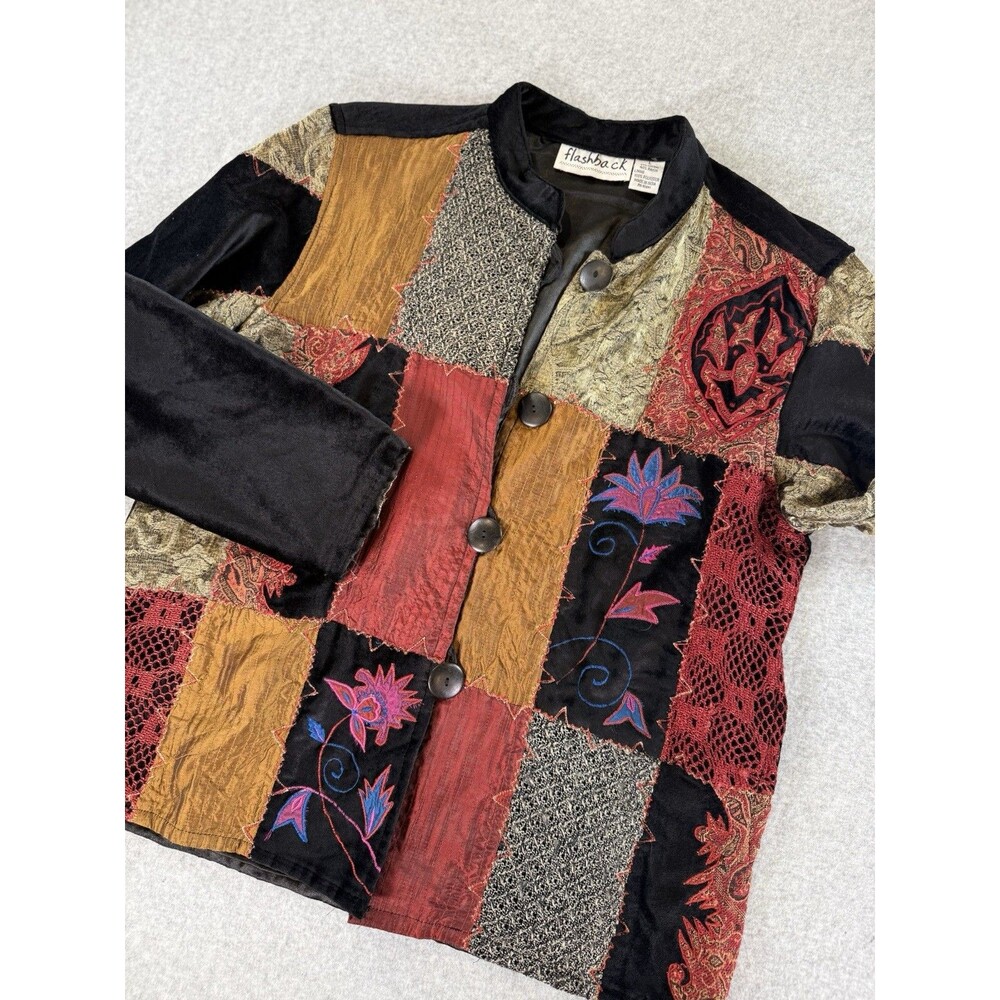 VTG Flashback Patchwork Tapestry Jacket Embroidered Boho Brocade Velvet L Artsy